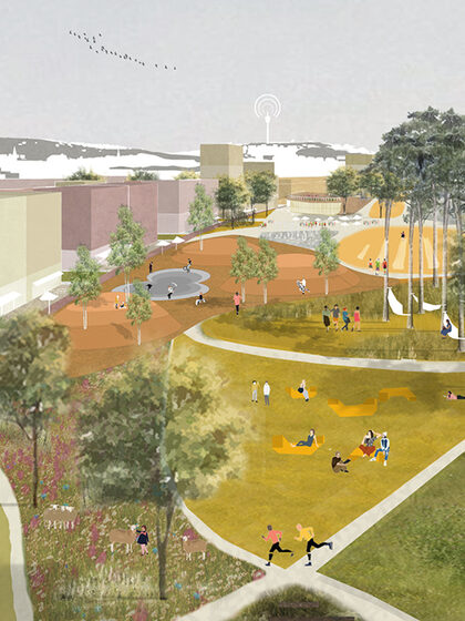 Skizze der Architekten zeigt einen Park, in dem sich viele Menschen aufhalten.