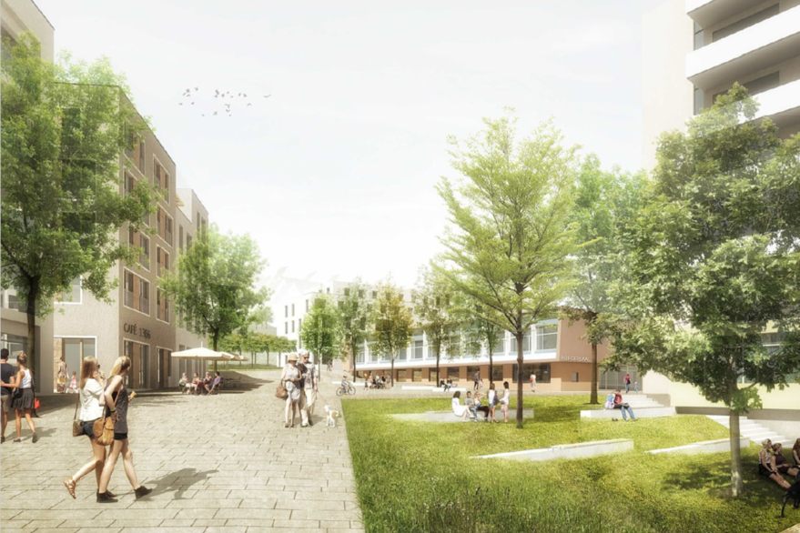 Zu sehen ist eine Visualisierung, die darstellt, wie das Areal zum ehemaligen Bürgerhospital nach der Umgestaltung aussehen könnte. Zu sehen ist ein belebter, verkehrsberuhigter Raum mit viel Stadtgrün.