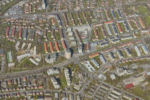 Zu sehen ist ein Kartenausschnitt mit einer Luftbildaufnahme des Stadtteils Stuttgart-Rot.