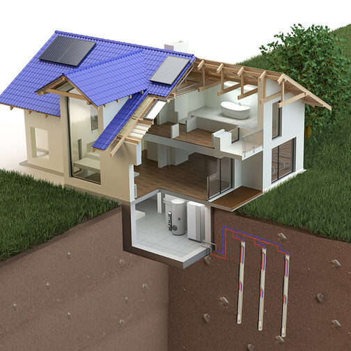 Zu sehen ist ein Haus mit einer Wärmepumpe, welches durch Erdwärmesonden die geothermische Energie nutzt und damit das Haus beheizt.