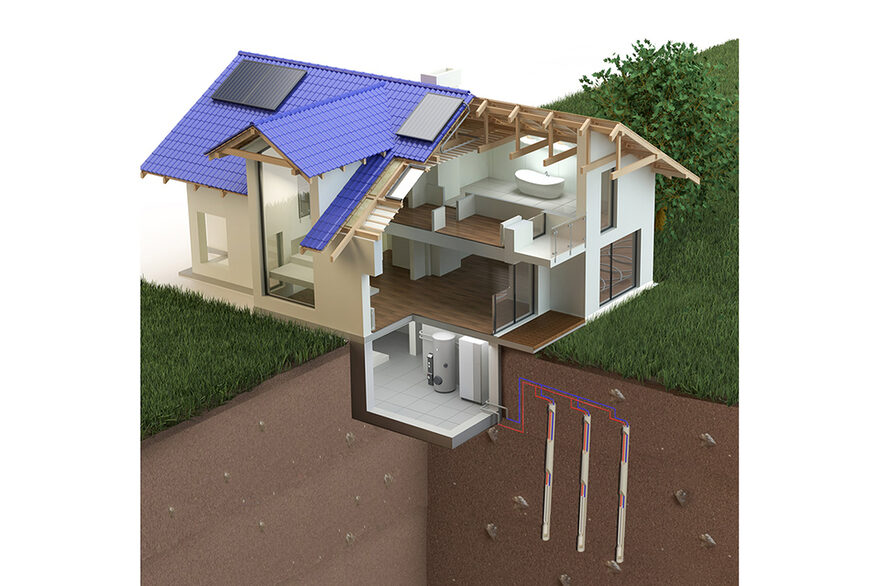 Zu sehen ist ein Haus mit einer Wärmepumpe, welches durch Erdwärmesonden die geothermische Energie nutzt und damit das Haus beheizt.