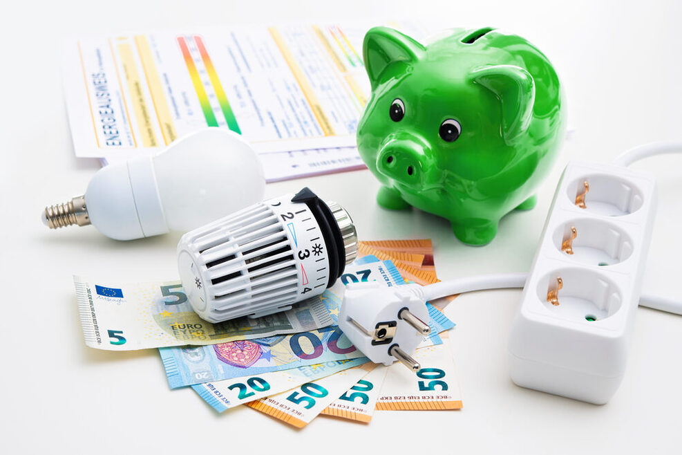 Das Bild zeigt ein Sparschwein und Geldscheine, eine LED-Lampe, eine Mehrfachsteckdose und ein Heizungsventil.