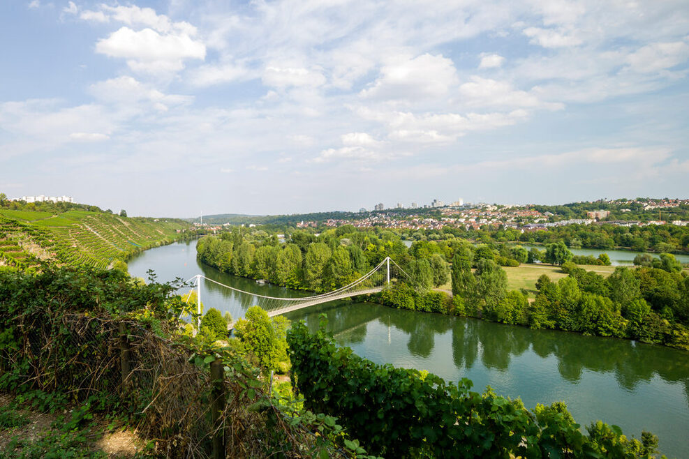Im Vordergrund ist der Fluss Neckar und eine Brücke zum  Max-Eyth-See zu sehen.