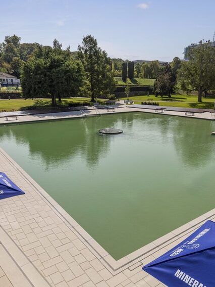 Schwimmbecken mit Wasser gefüllt. Sonnenschirme am Rand. Im Hintergrund Bäume mit Liegewiese.