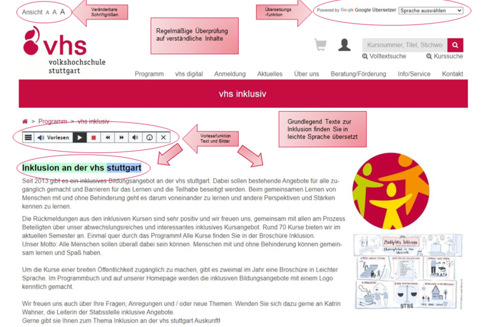 Die Homepage der Volkshochschule Stuttgart verfügt über neue Bausteine, die die Barrierefreiheit verbessern.