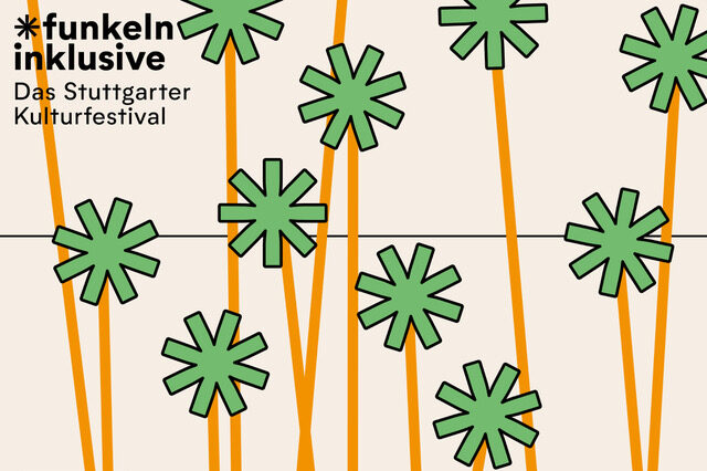 Das Bild zeigt eine Illustration des Festivals „Funkeln inklusive“. Zu sehen sind gelbe Streifen mit grünen Sternchen an den oberen Enden auf einem grauen Hintergrund.  Oben links steht die Wort-Bild-Marke des Festivals. Zu lesen ist: Funkeln inklusive Das Stuttgarter Kulturfestival.