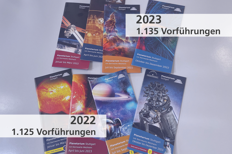 Programmhefte des Planetariums mit den Zahlen der Vorführungen in den Jahren 2022/23