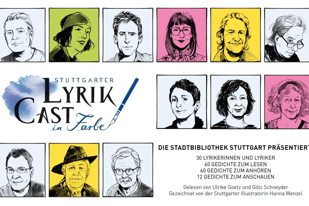 Plakat zum Lyrik-Cast mit gezeichneten Autoren und der Info zum Lyrik-Cast