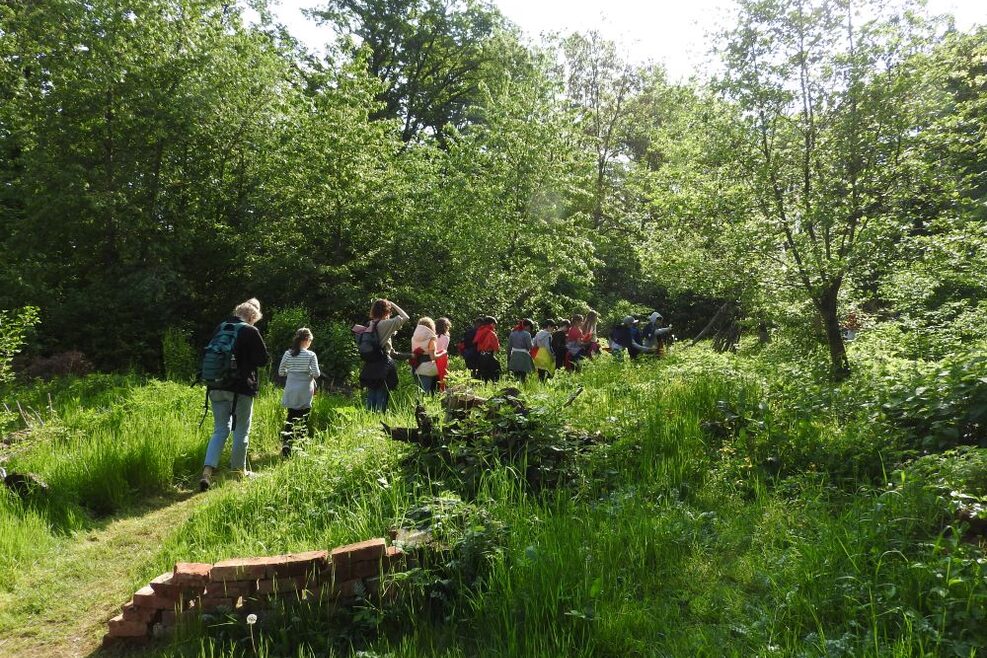 Kinder und Erwachsene sind zusammen in der Natur unterwegs.