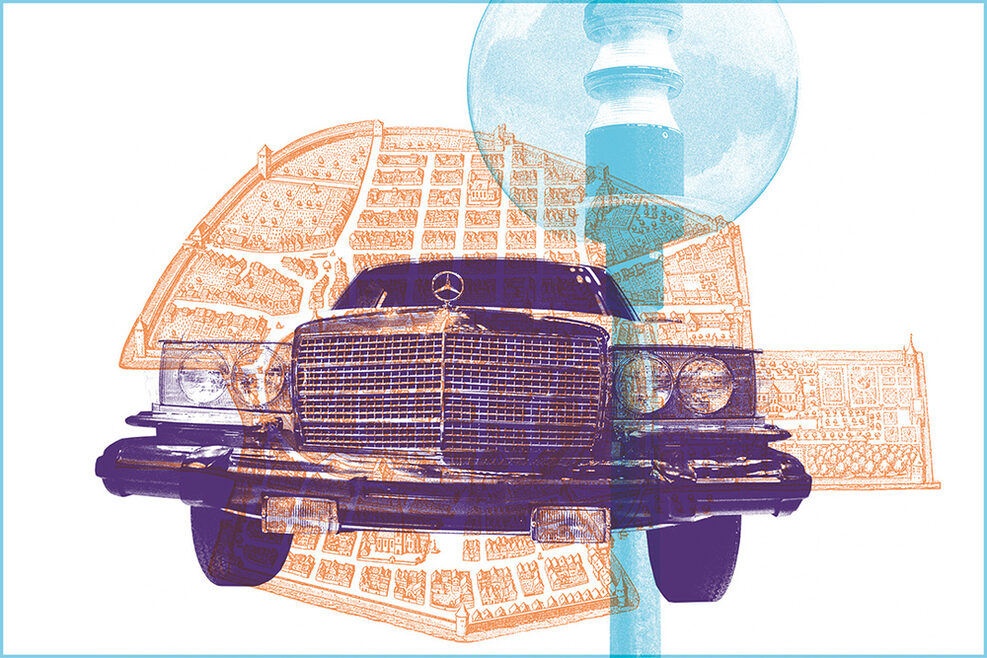 Collage mit der Grafik Stutengarten und einem Mercedes