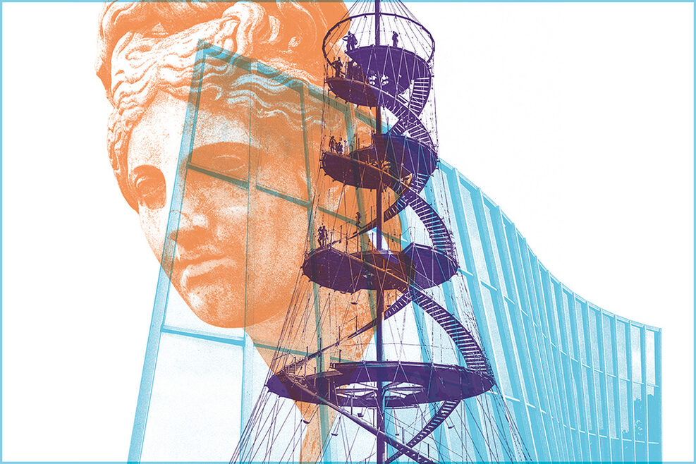Collage aus einer Skulptur, dem Turm im Killesbergpark und der Fassade Staatsgalerie