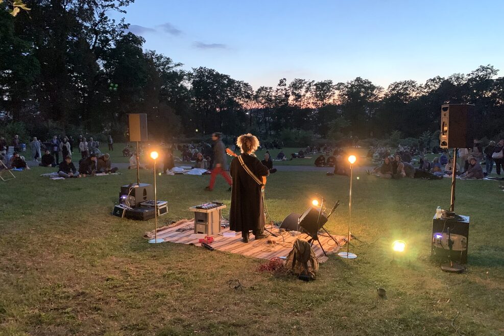 Im Vordergrund mit dem Rücken zum Betrachter eine Musikerin, im Hintergrund zahlreiche Besucher auf der Wiese sitzend.