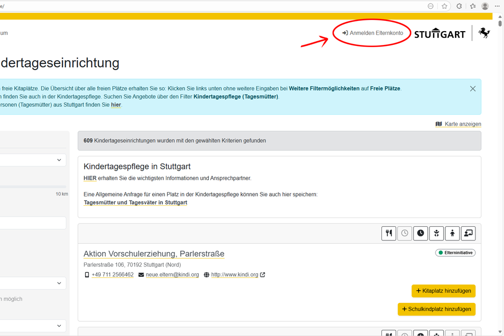 Bildschirmfoto des Kitafinders der Landeshauptstadt Stuttgart.