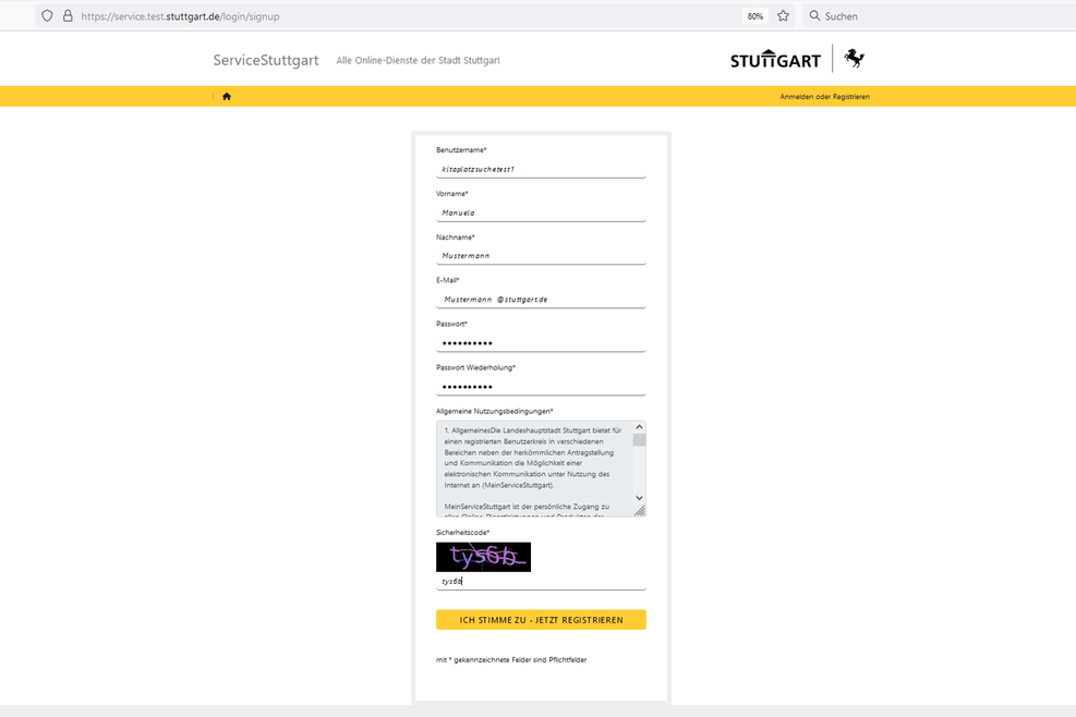 Bildschirmfoto der Anmeldemaske des Kitafinders der Landeshauptstadt Stuttgart.