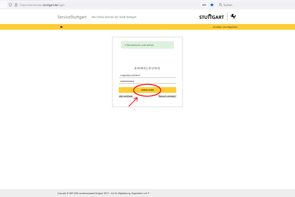 Bildschirmfoto der Anmeldemaske des Kitafinders der Landeshauptstadt Stuttgart.