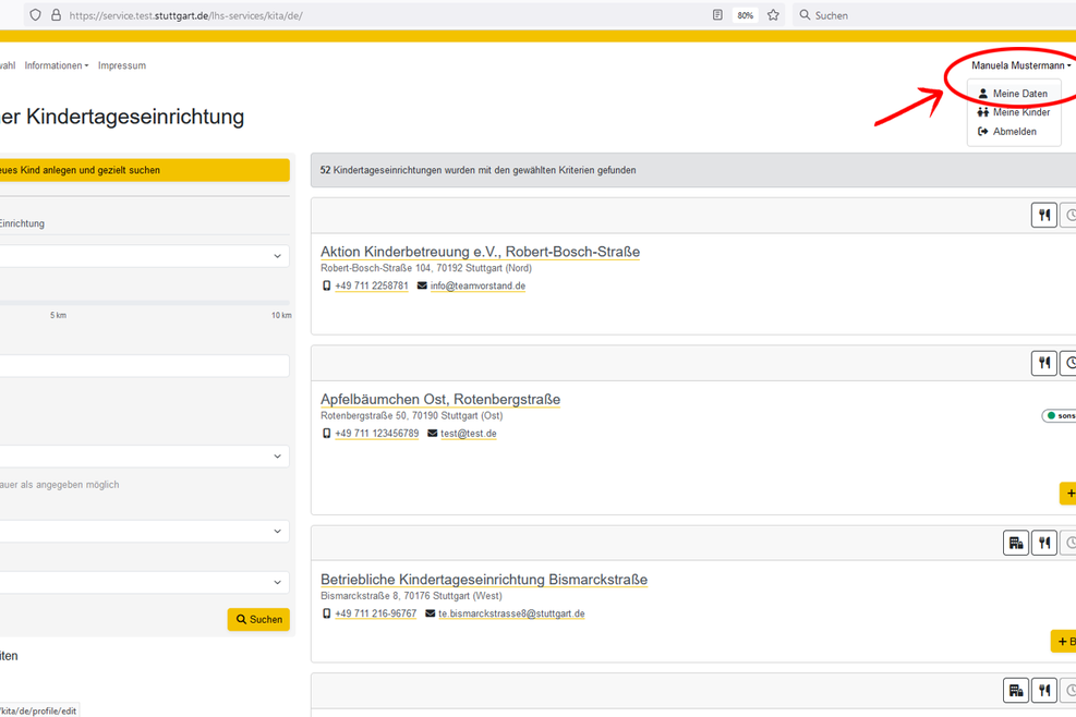 Bildschirmfoto des Kitafinders der Landeshauptstadt Stuttgart.