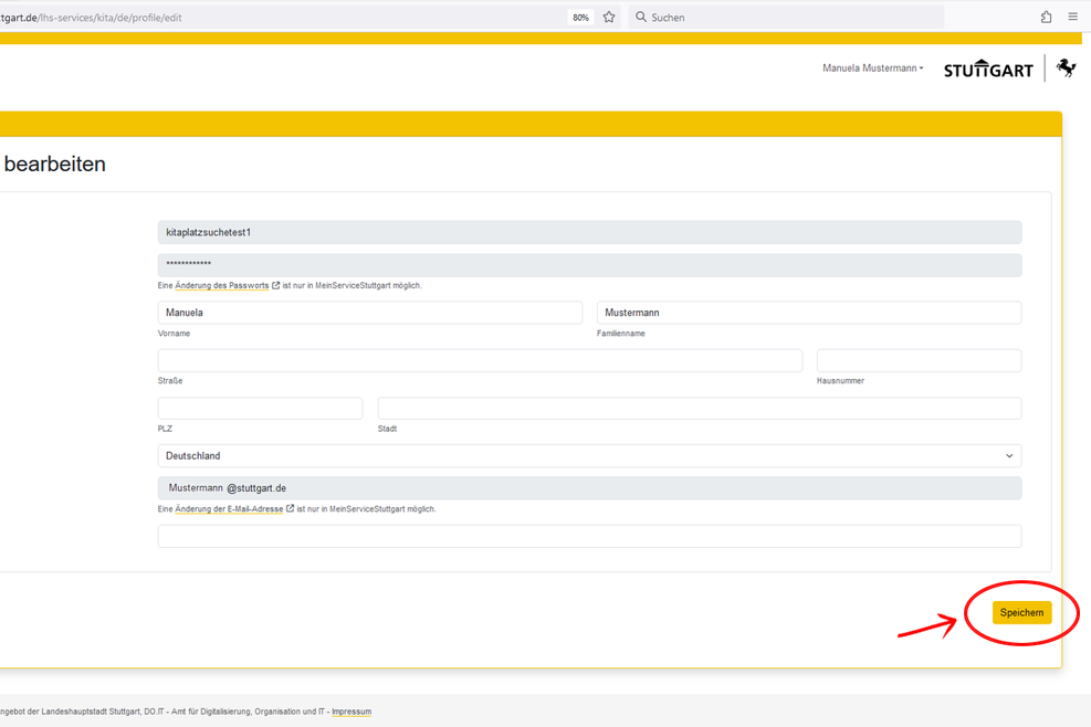Bildschirmfoto des Kitafinders der Landeshauptstadt Stuttgart.