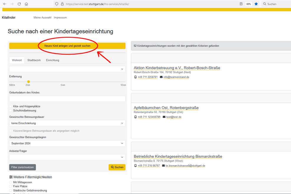 Bildschirmfoto des Kitafinders der Landeshauptstadt Stuttgart.