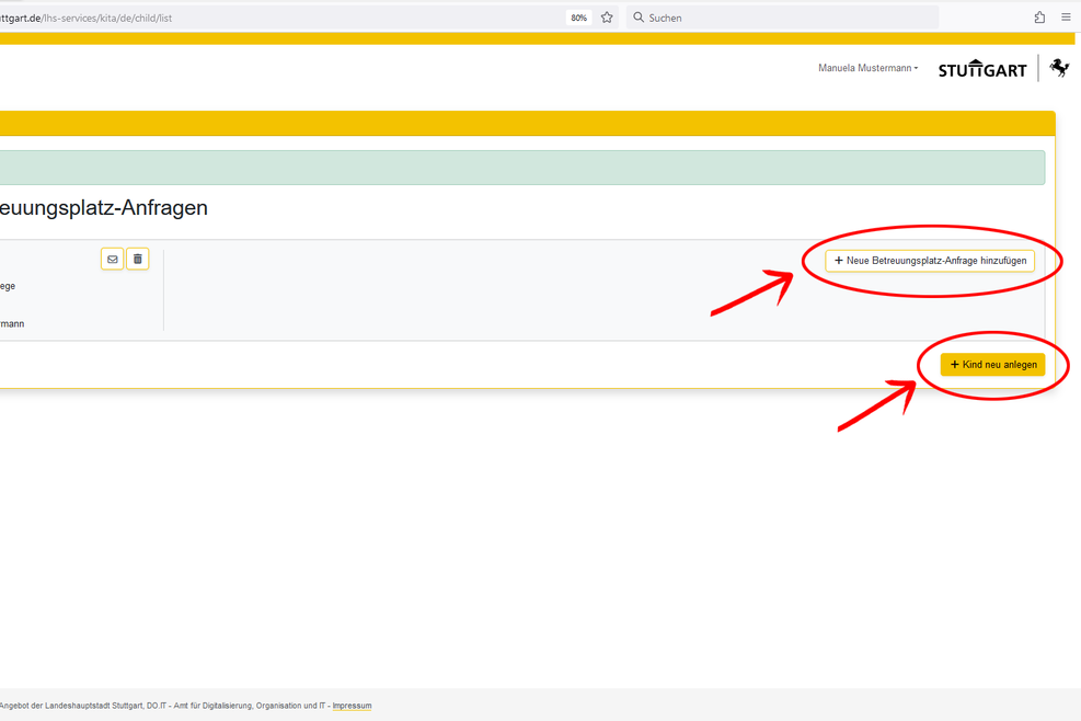 Bildschirmfoto des Kitafinders der Landeshauptstadt Stuttgart.