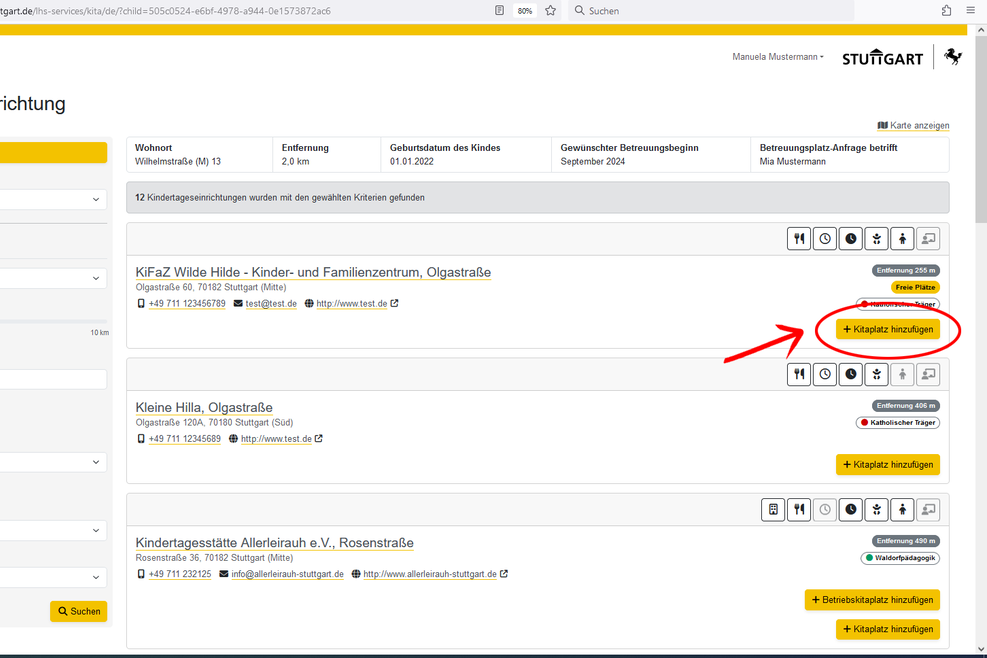 Bildschirmfoto des Kitafinders der Landeshauptstadt Stuttgart.