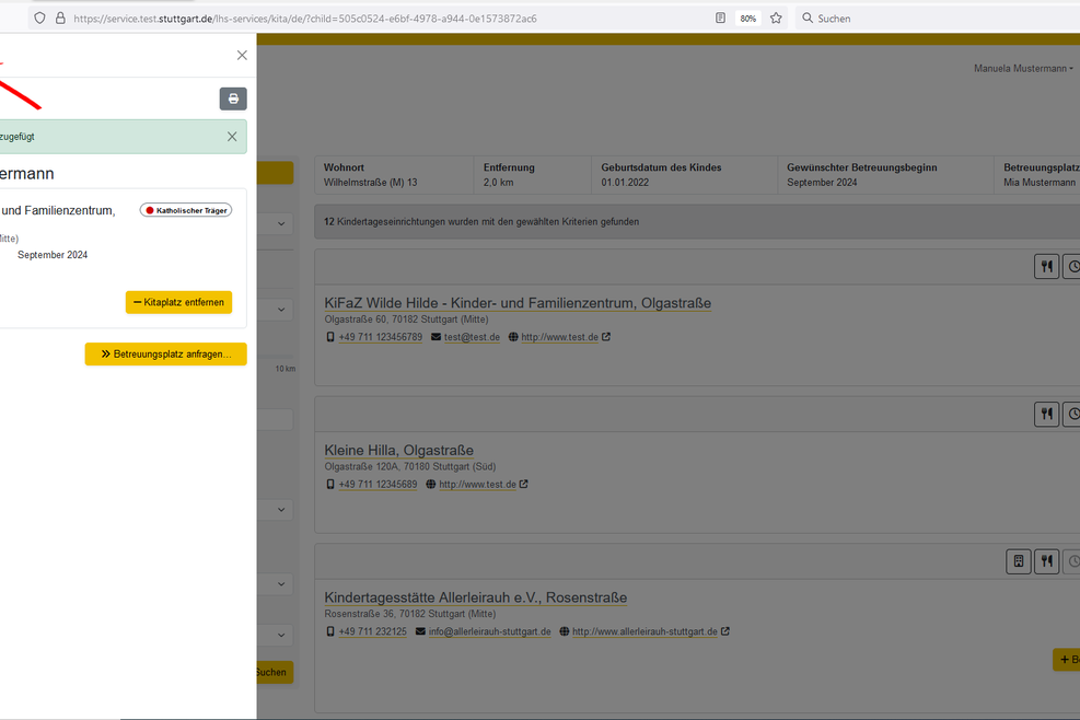 Bildschirmfoto des Kitafinders der Landeshauptstadt Stuttgart.