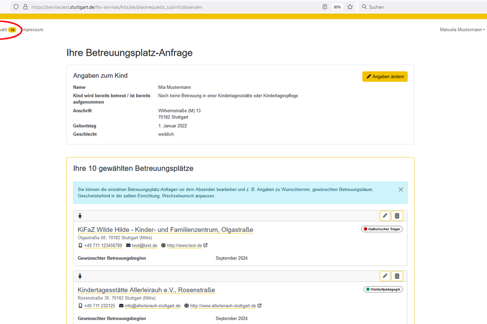 Bildschirmfoto des Kitafinders der Landeshauptstadt Stuttgart.
