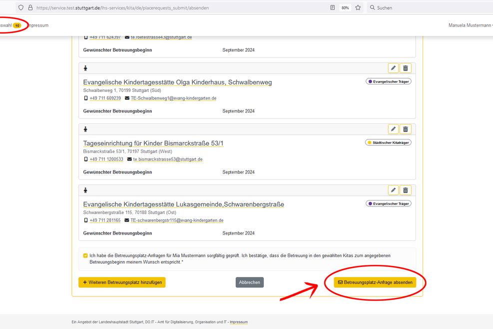 Bildschirmfoto des Kitafinders der Landeshauptstadt Stuttgart.