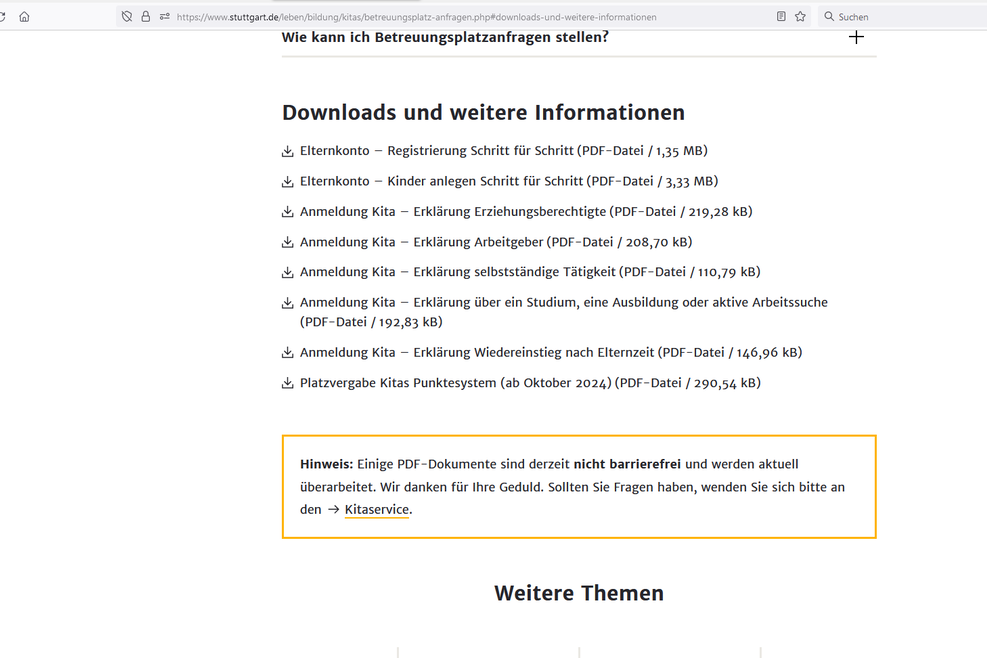 Bildschirmfoto mit Downloads und weiteren Informationen zur Kita-Anmeldung auf der Website der Landeshauptstadt Stuttgart.