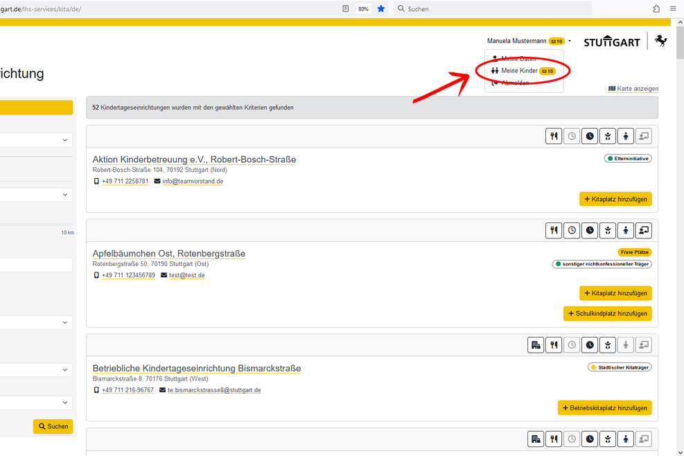 Bildschirmfoto des Kitafinders der Landeshauptstadt Stuttgart.