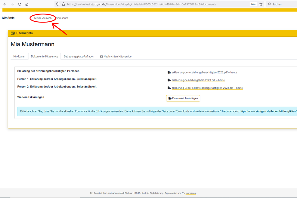 Bildschirmfoto des Kitafinders der Landeshauptstadt Stuttgart.