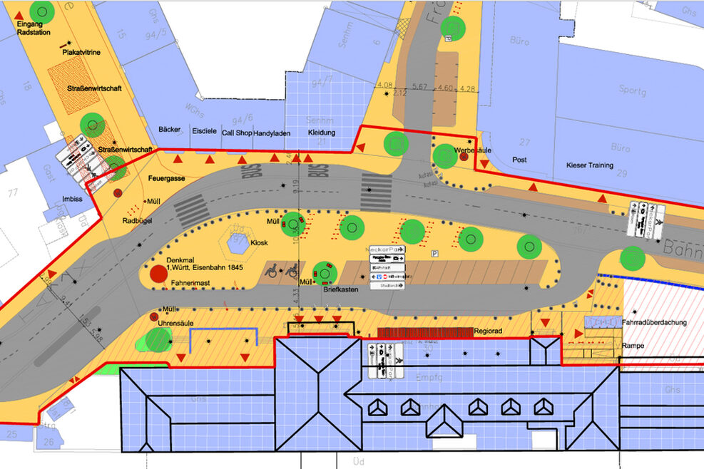 Der Plan zeigt von oben den aktuellen Zustand des Bahnhofsvorplatzes.