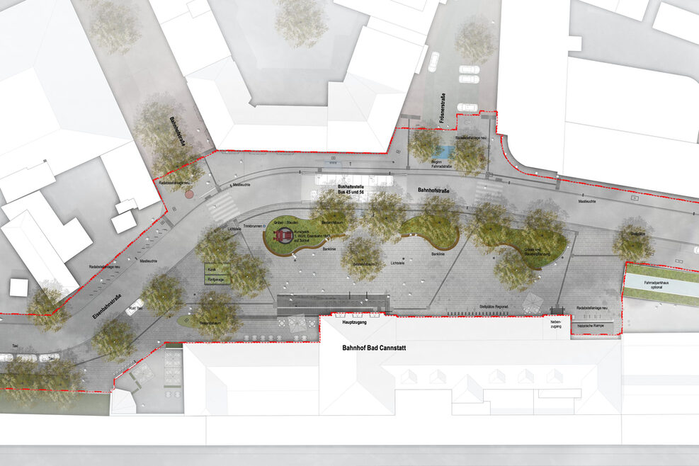 Der Plan zeigt den Entwurf, wie der Bahnhofsvorplatz nach der Umgestaltung aussehen soll. Vor dem Eingang des Bahnhofs ist mehr Grün zu sehen, ebenso ist der Platz vor allem nur noch Fußgängerinnen und Fußgängern vorbehalten.