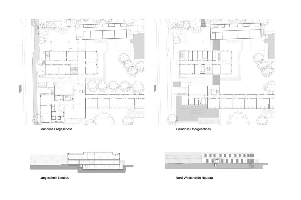 Grundriss Erdgeschoss, Grundriss Obergeschoss, Längsschnitt Neubau und Nord-Westansicht Neubau