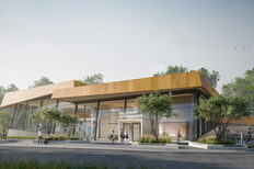 Eine grafische Visualisierung zeigt die Außenansicht des künftigen Hallenbades. Zu sehen ist ein großzügig verglastes Gebäude mit auskragenden Dachflächen. Menschen gehen auf den Haupteingang zu, der durch eine Leuchtschrift als Hallenbad Zuffenhausen markiert ist. Schüler sammeln sich an den Fahrradstellplätzen.