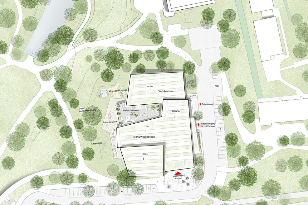 Farbiger Lageplan mit Darstellung der Grünflächen im unmittelbaren Umfeld des künftigen Hallenbades. Zu sehen ist, dass die Grünbereiche Liegewiese, Grünanlagen „In den Talwiesen“  und Campus Silcherschule ineinander übergehen und so der Eindruck eines Hallenbades im Grünen entsteht.