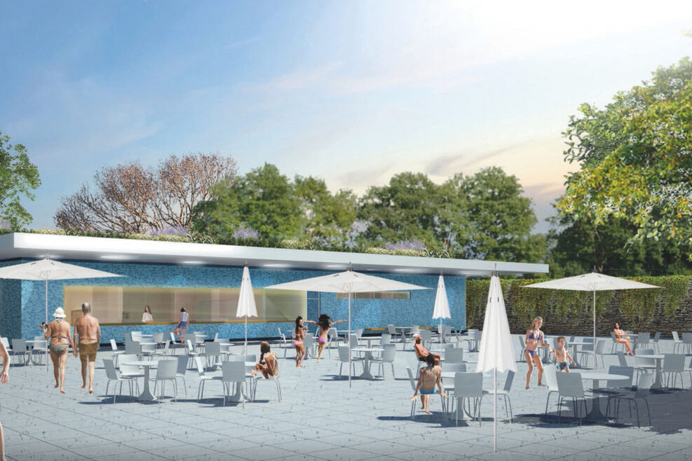 Visualisierung mit Menschen auf einer bestuhlten Terrasse mit Sonnenschirmen.