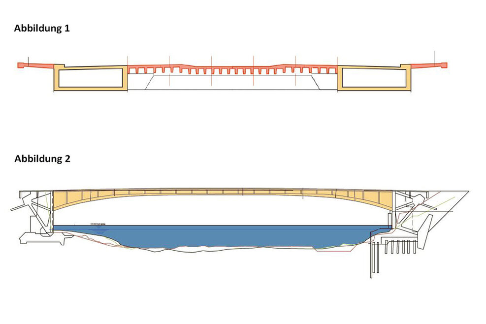 Zwei Abbildungen der Rosensteinbrücke. Die Ansichten sind als Bauzeichnungen in Computergrafik von der Seite dargestellt.