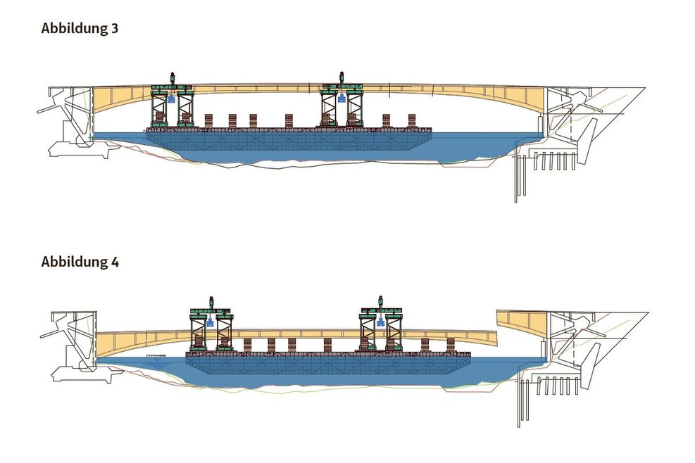 Abbildung 3 zeigt die Pontons, die schwimmenden Plattformen mit Gerüsttürmen, über die schließlich (Abbildung 4) die Hauptträger der Brücke ausgeschwommen werden.
