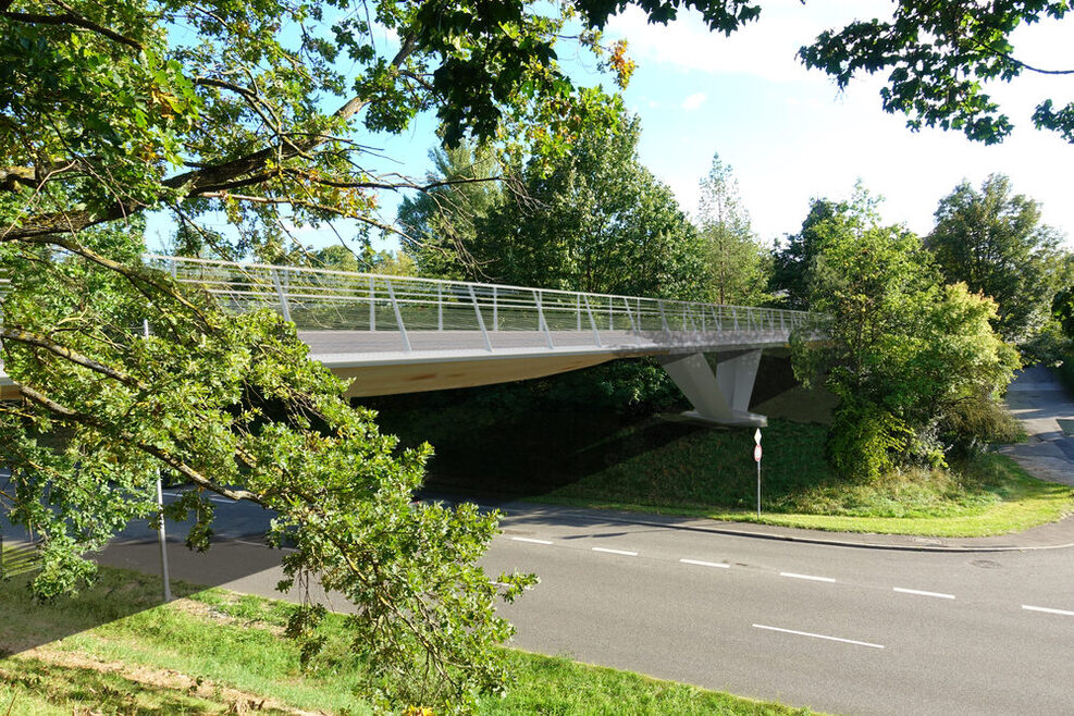 Die Visualisierung zeigt den neuen Steg, wie er über die Seeblickweg Ecke Zuckerstraße führt.