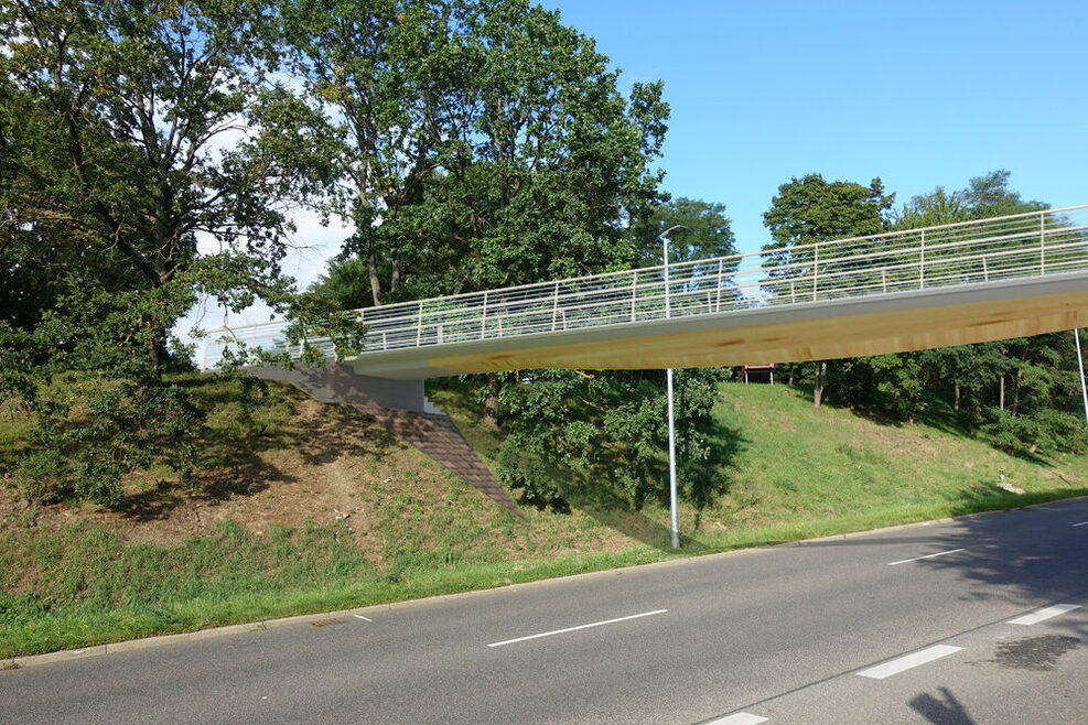 Diese Visualisierung zeigt die Holzkonstruktion am unteren Teil des neuen Stegs, der über den Seeblickweg führt.