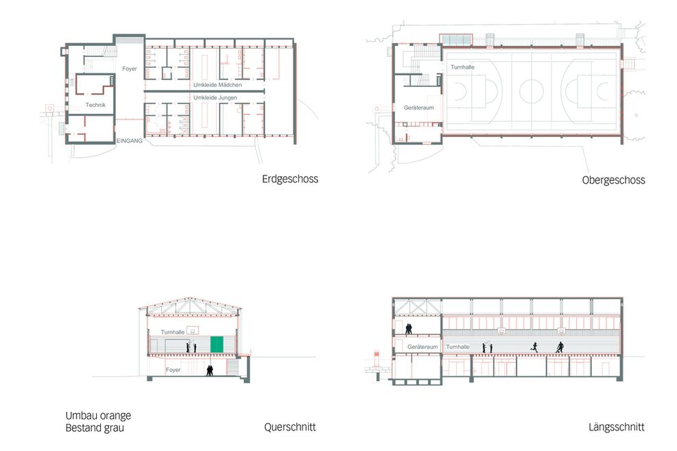 Grundriss Erdgeschoss und Obergeschoss / Längsschnitt und Querschnitt