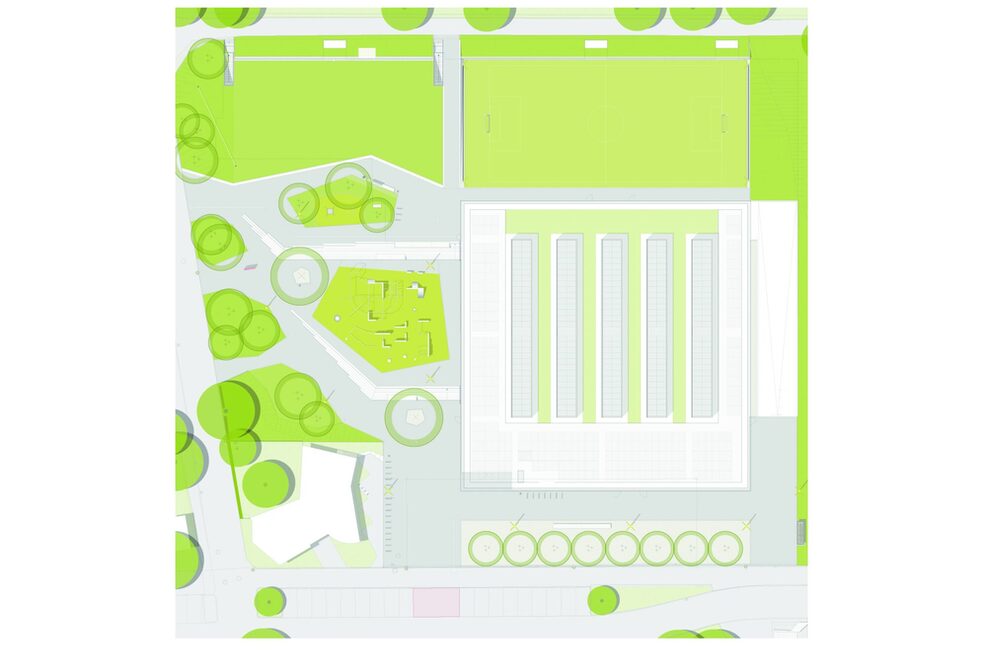 Lageplan mit "Aktion-Platz": die Gestaltung der Freianlagen beinhaltet ein Kunstrasenkleinspielfeld, eine große Rasenfläche für Sport im Park sowie Bereiche mit Parkourelementen und Calisthenicsgeräten, die für alle Besucher des Sportgebiets frei zugänglich zur Verfügung stehen.