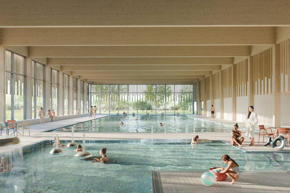 Eine grafische Visualisierung zeigt den Innenbereich des Hallenbades Sonnenberg, Zu sehen sind zwei große Schwimmbecken mit Sitzmöglichkeiten am Beckenrand. Große Fensterfronten lassen viel Licht in die Halle, in der sich einige Besucherinnen und Besucher aufhalten.