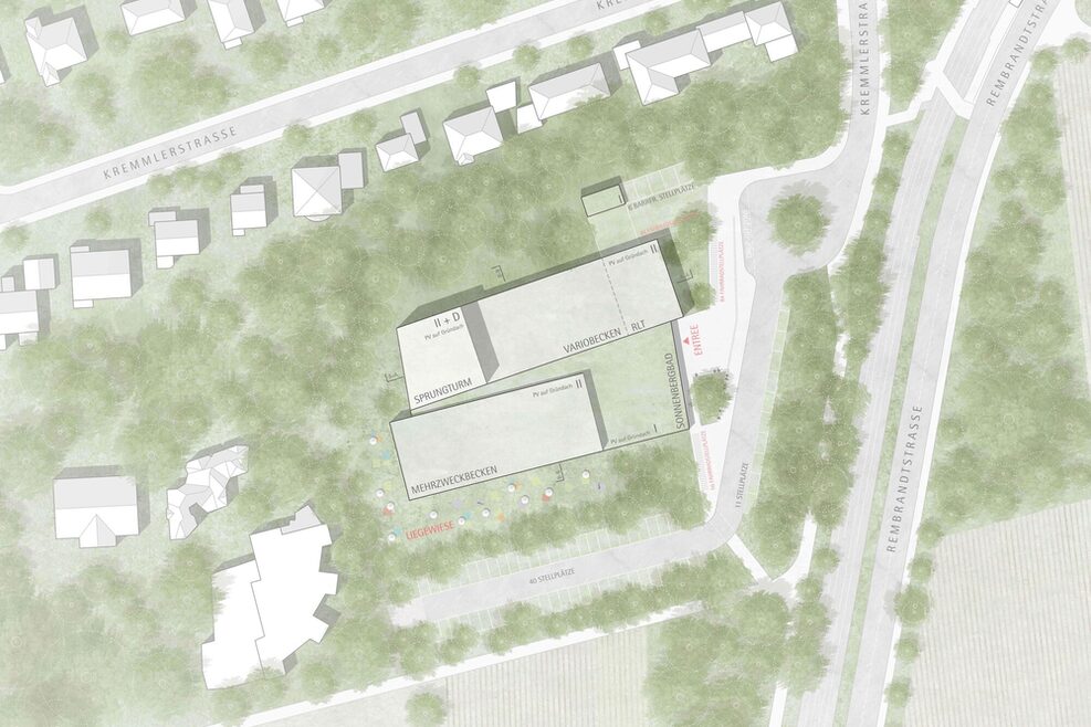 Der Lageplan zeigt den Bereich des künftigen Hallenbades aus der Vogelperspektive, zwischen Kremmler- und Rembrandtstraße.