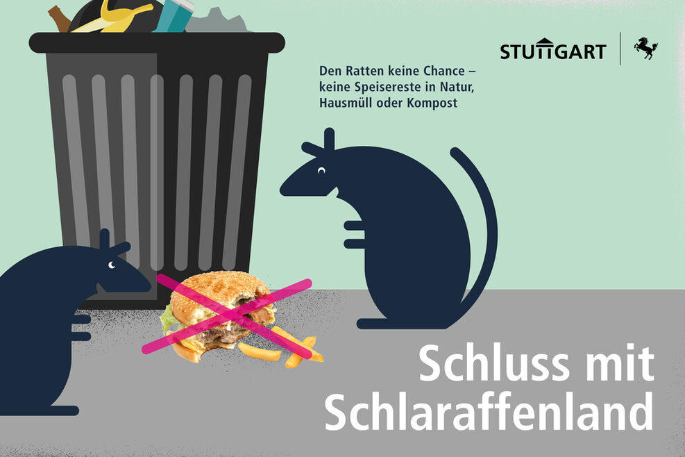 Eine der Grafiken, die im Zuge der Kampagne zum Rattenmanagement der Stadt Stuttgart entstanden sind. Zu sehen sind zwei gezeichnete Ratten, links und rechts von einem Abfalleimer. Es ist zudem ein Text zu lesen: "Den Ratten keine Chance - keine Speisereste in Natur Hausmüll oder Kompost." Im unteren Bereich steht in größerer Schrift: "Schluss mit Schlaraffenland".".