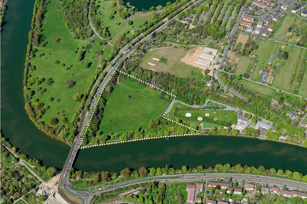 Luftaufnahme von den Auwiesen am Neckarufer