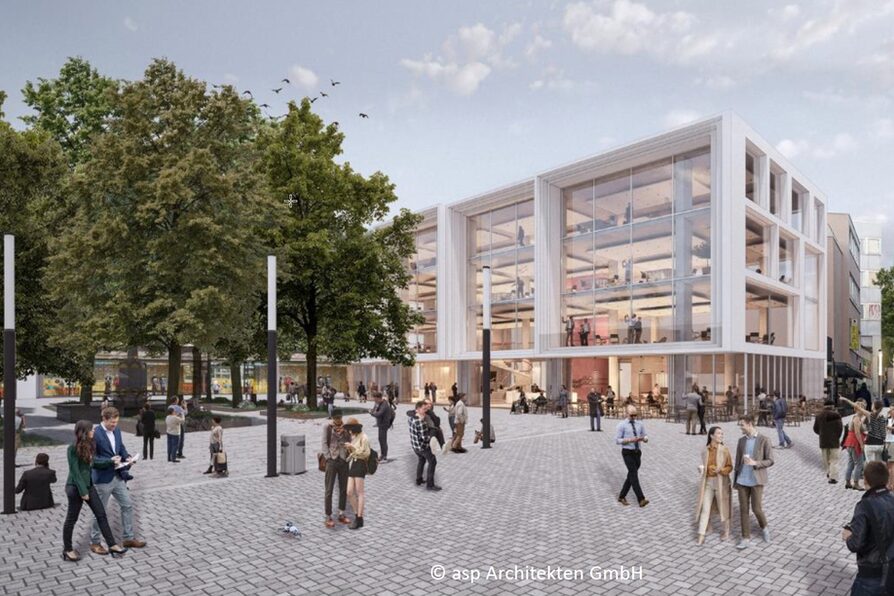 Der grafische Entwurf zeigt eine neue Außenfassade des Breitling-Gebäudes, gestalte von der asp Architekten GmbH.