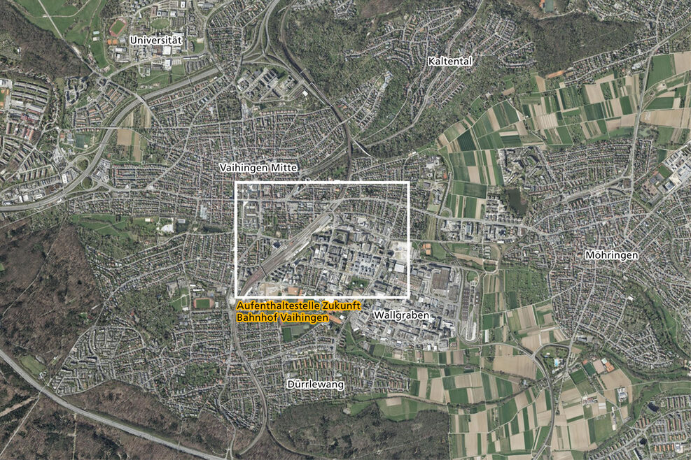Luftbild der Projektfläche zwischen Vaihingen-Mitte und Wallgraben.