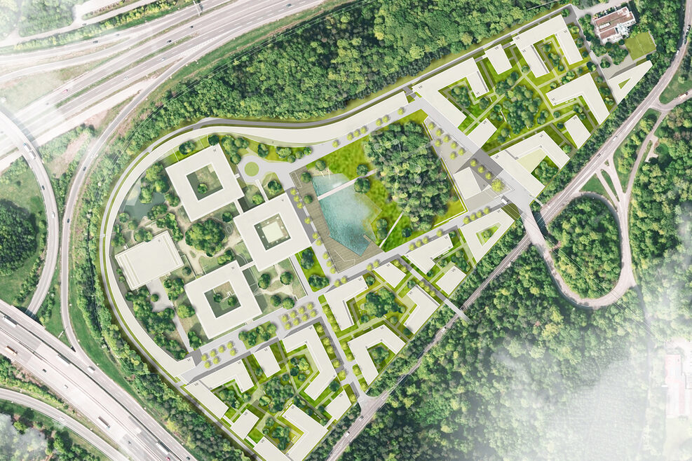 Der Entwurf zum künftigen Quartier am Eiermann‐Areal aus der Luft gesehen.