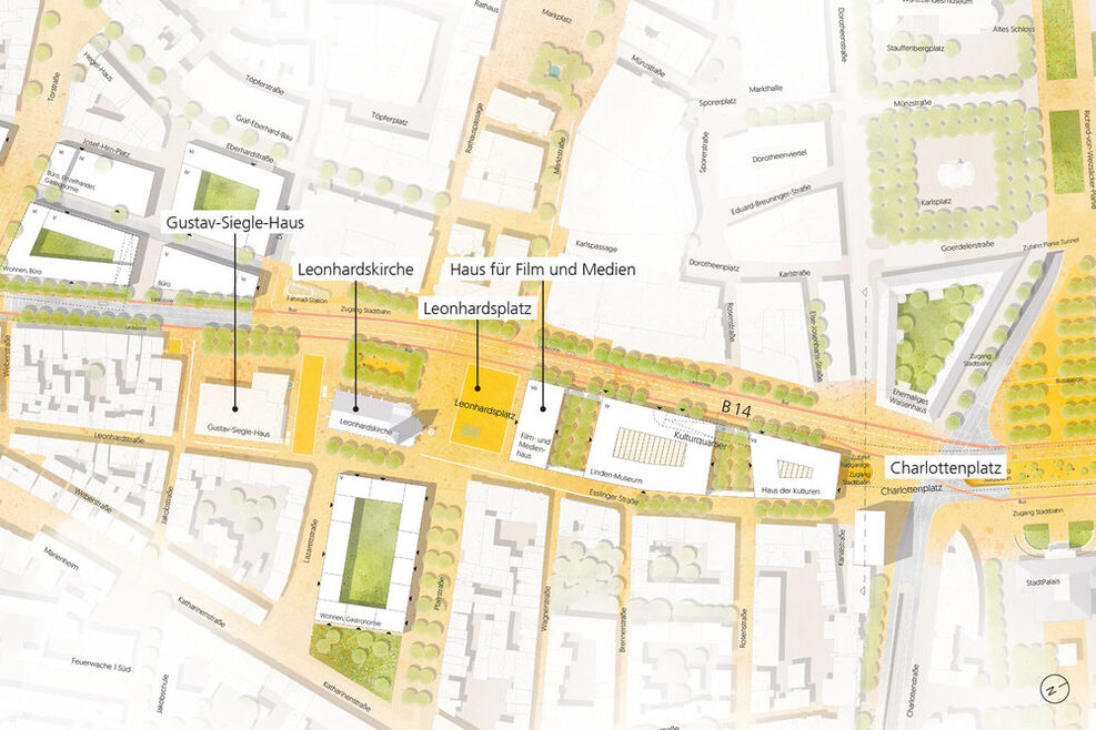 Gezeichnetes Luftbild von der Fläche im Leonhardsviertel: weiße Baublöcke mit gelben Straßen und grünen Gegenden.